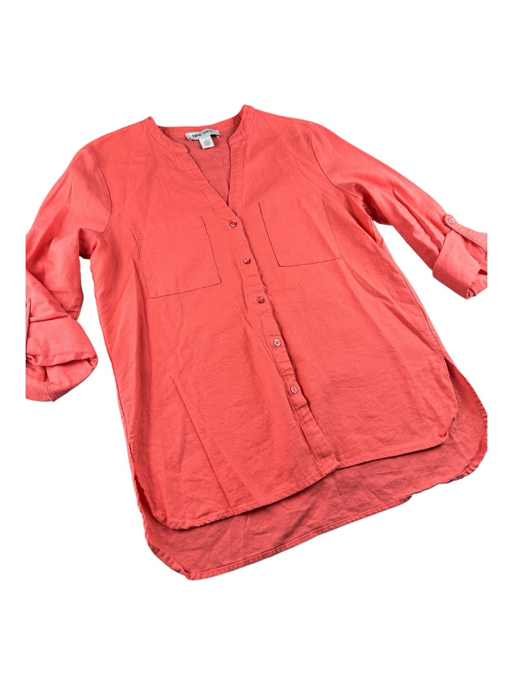 Nine West Coral Tunic Blouse Button-Up Top Lagenlook Linen Blend OfficeCore S - Picture 3 of 8